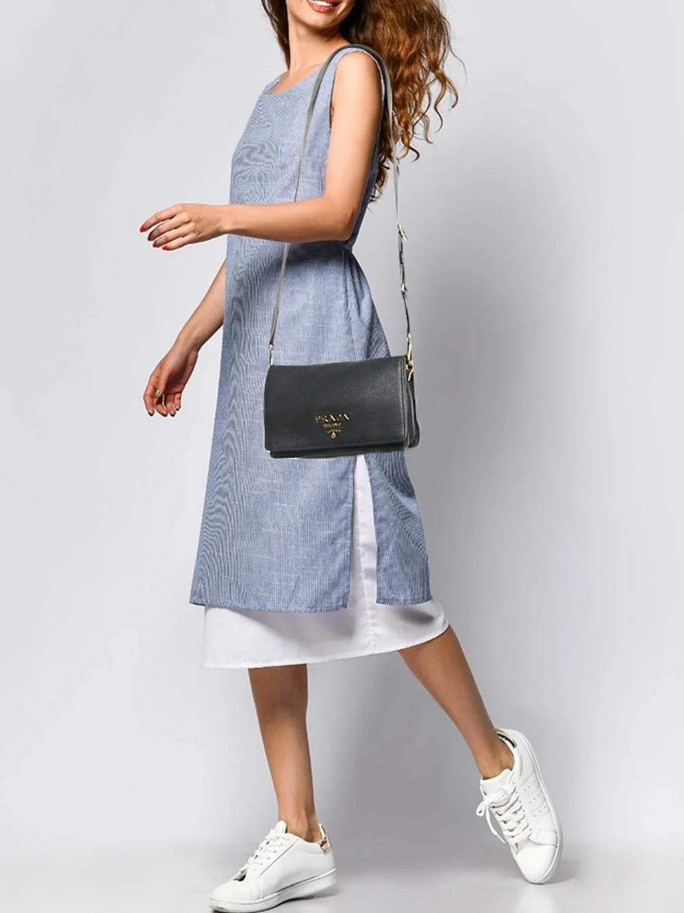 Prada Black Pebbled Leather Crossbody with Striped Webbing Strap
